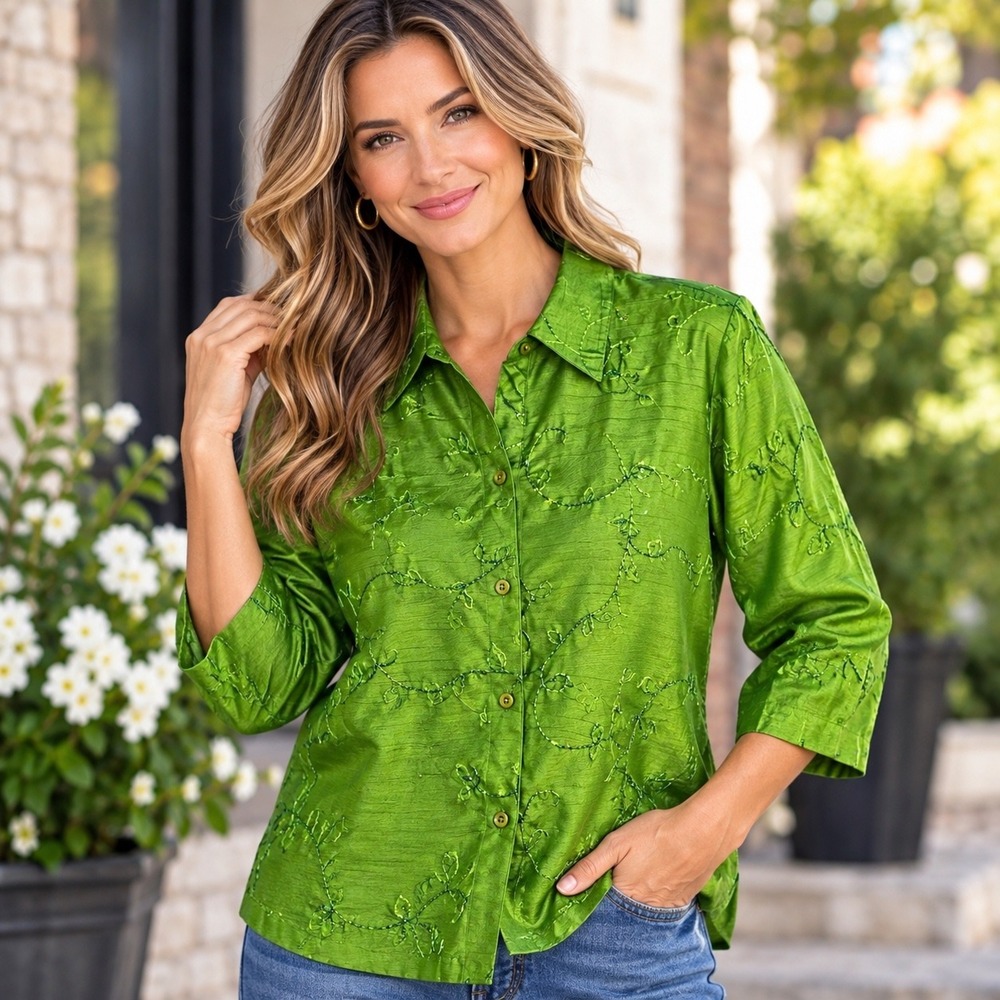 c.l.o.t.h.e.s. Green Embroidered Beaded Button Up Blouse Top Size M Floral